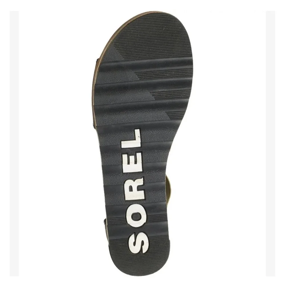 Sorel‎ Cameron Flatform Ankle Strap Wedge Sandals Leather Black Olive Size 8